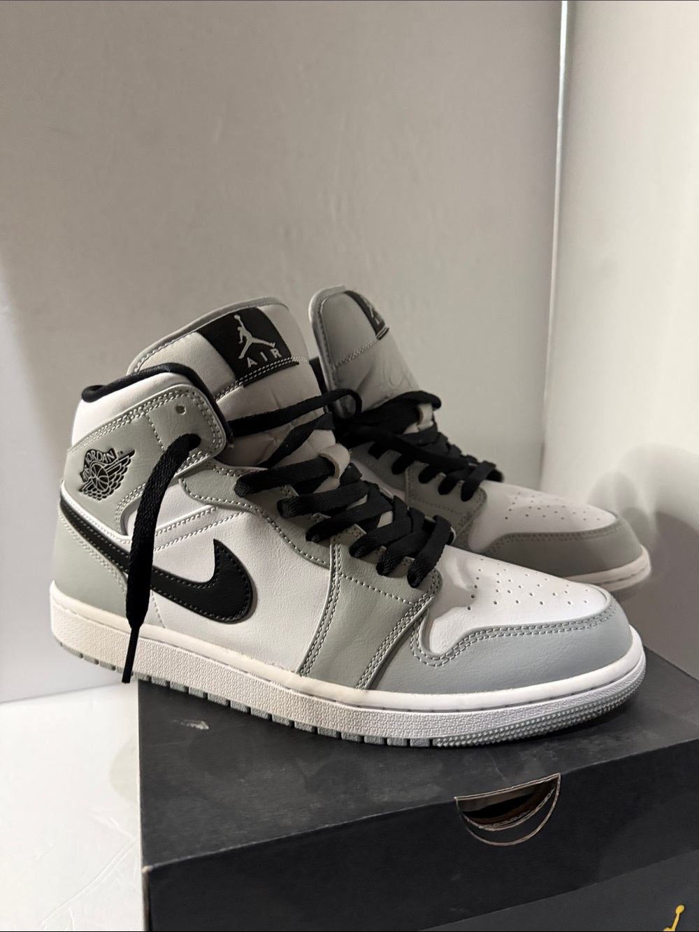 Jordan 1 Mid Light Smoke Sneakers - White, Gray, Black